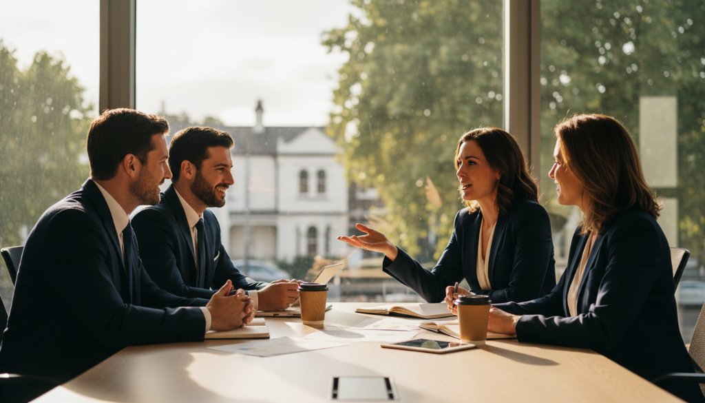 Dynamic, professionally lit Herne Hill corporate photography Geelong businesses thrive portrait of a diverse team collaborating in a modern office space, showcasing professionalism and a vibrant work culture, with dramatic lens flare and crisp details.