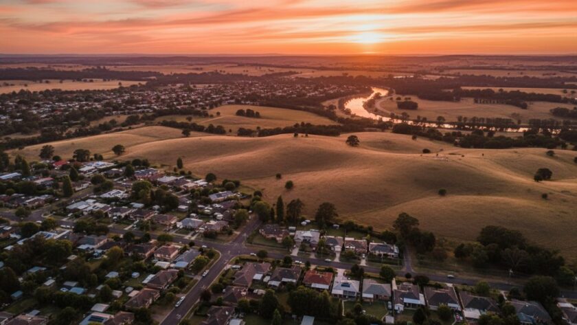 An epic drone photograph showcasing the stunning Herne Hill Drone Photography Geelong Elevated Perspectives of a vibrant sunset over the Barwon River, with rolling hills and residential areas bathed in golden light. The composition captures the serene beauty and sprawling nature of Herne Hill from a high aerial viewpoint, featuring professional colour grading and dramatic light.