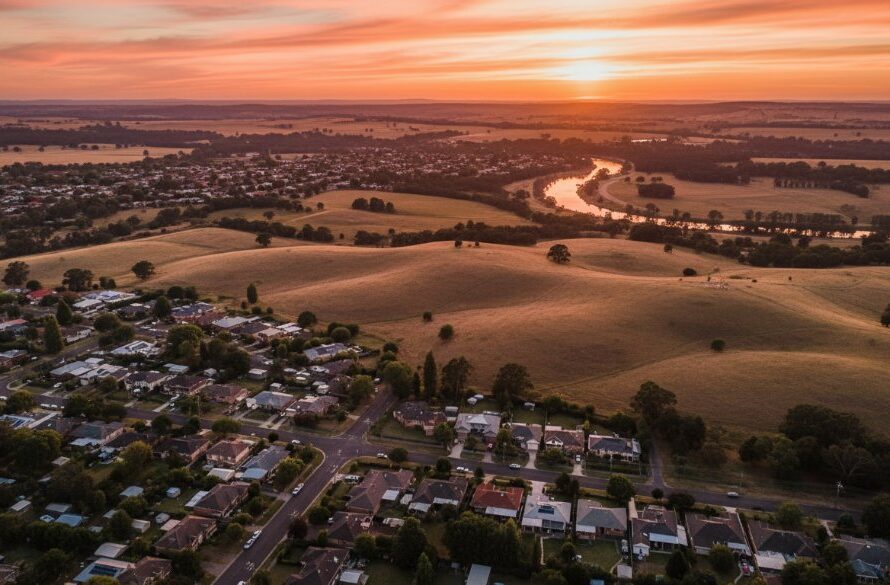An epic drone photograph showcasing the stunning Herne Hill Drone Photography Geelong Elevated Perspectives of a vibrant sunset over the Barwon River, with rolling hills and residential areas bathed in golden light. The composition captures the serene beauty and sprawling nature of Herne Hill from a high aerial viewpoint, featuring professional colour grading and dramatic light.