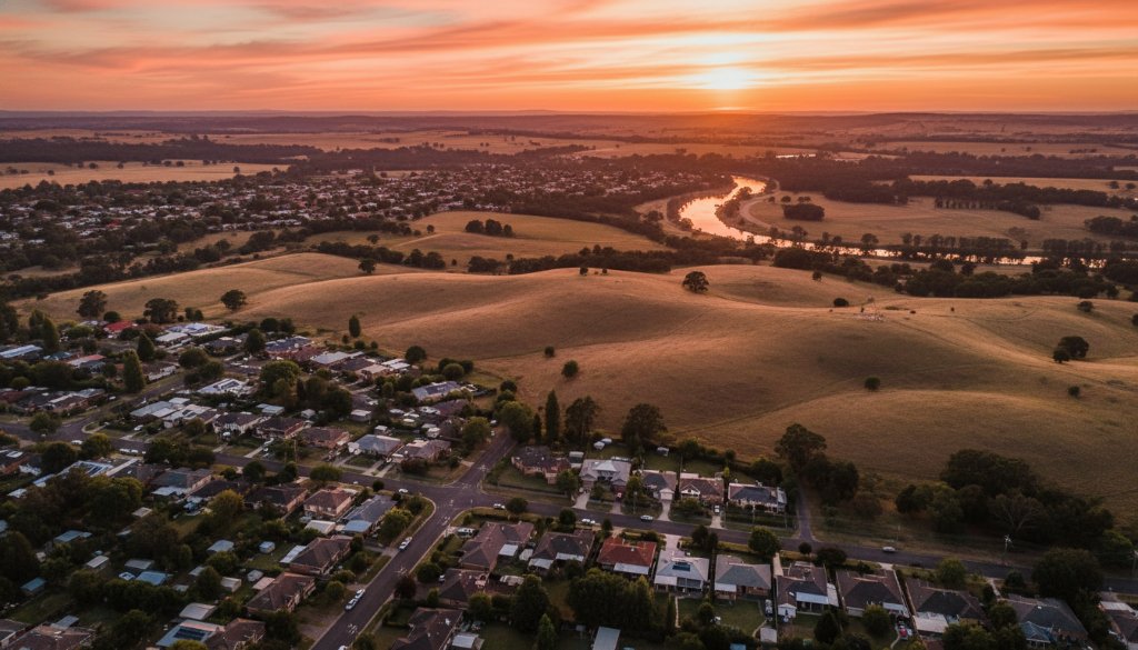 An epic drone photograph showcasing the stunning Herne Hill Drone Photography Geelong Elevated Perspectives of a vibrant sunset over the Barwon River, with rolling hills and residential areas bathed in golden light. The composition captures the serene beauty and sprawling nature of Herne Hill from a high aerial viewpoint, featuring professional colour grading and dramatic light.