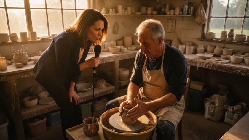 Dramatic high-angle shot capturing a journalist intensely interviewing a local artisan in their workshop in Herne Hill, Victoria, focusing on the Herne Hill editorial photography local visual narratives, with shafts of late afternoon light illuminating their focused expressions and the intricate details of their craft.