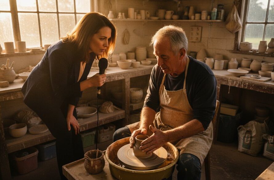 Dramatic high-angle shot capturing a journalist intensely interviewing a local artisan in their workshop in Herne Hill, Victoria, focusing on the Herne Hill editorial photography local visual narratives, with shafts of late afternoon light illuminating their focused expressions and the intricate details of their craft.