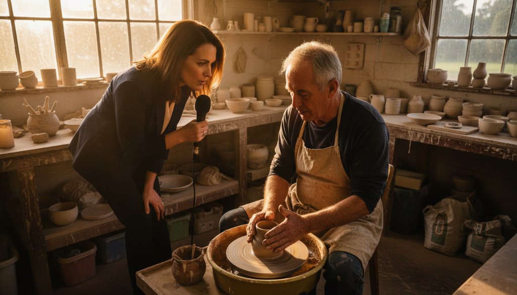 Dramatic high-angle shot capturing a journalist intensely interviewing a local artisan in their workshop in Herne Hill, Victoria, focusing on the Herne Hill editorial photography local visual narratives, with shafts of late afternoon light illuminating their focused expressions and the intricate details of their craft.