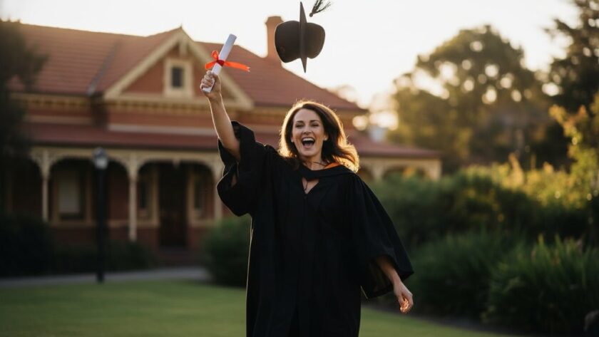 A proud university graduate in Herne Hill celebrating their achievement with a vibrant cap toss, captured during a professional Herne Hill Graduation Photography Geelong Uni session, golden hour light.