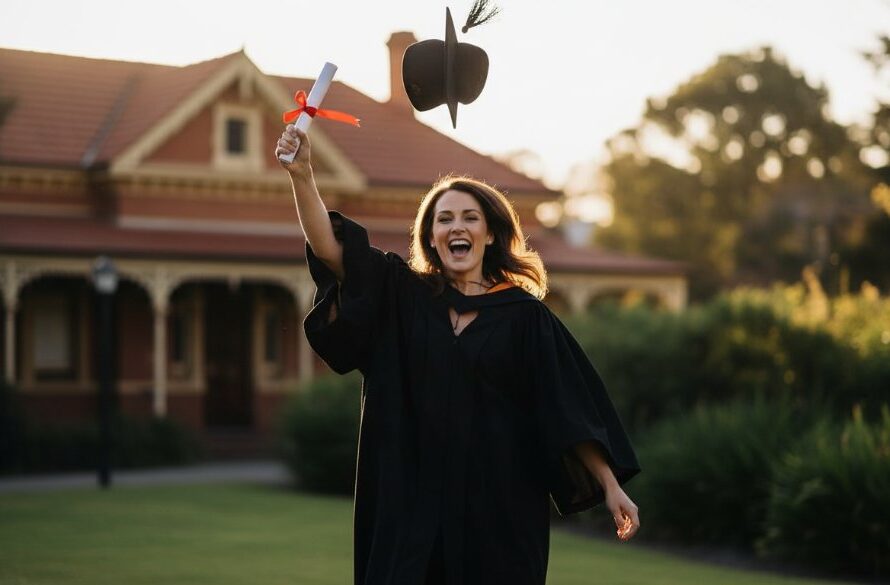 A proud university graduate in Herne Hill celebrating their achievement with a vibrant cap toss, captured during a professional Herne Hill Graduation Photography Geelong Uni session, golden hour light.