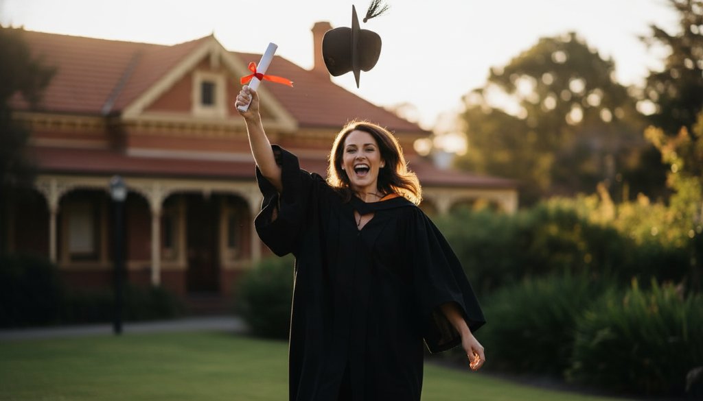 A proud university graduate in Herne Hill celebrating their achievement with a vibrant cap toss, captured during a professional Herne Hill Graduation Photography Geelong Uni session, golden hour light.