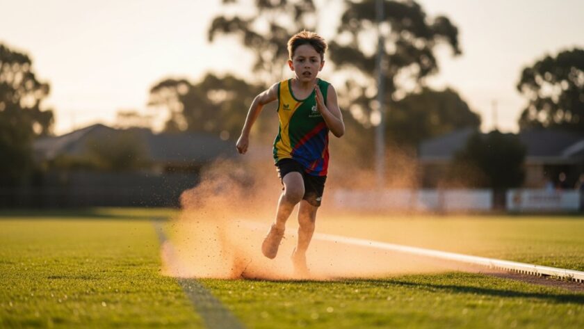 Dramatic shot of a young athlete mid-stride during a race at a Herne Hill oval, dust kicking up, sun glinting, perfectly capturing the intensity and motion for Herne Hill junior athletics photography capturing dynamic moments.