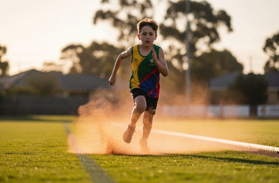 Dramatic shot of a young athlete mid-stride during a race at a Herne Hill oval, dust kicking up, sun glinting, perfectly capturing the intensity and motion for Herne Hill junior athletics photography capturing dynamic moments.