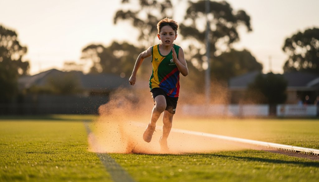 Dramatic shot of a young athlete mid-stride during a race at a Herne Hill oval, dust kicking up, sun glinting, perfectly capturing the intensity and motion for Herne Hill junior athletics photography capturing dynamic moments.