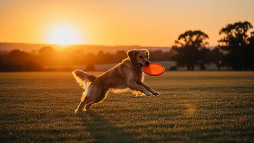 A golden retriever mid-leap, tail wagging, playfully chasing a ball in a sun-drenched field near Herne Hill, Victoria, perfectly embodying Herne Hill pet photography joyful outdoor adventures, professionally captured with dramatic backlighting.
