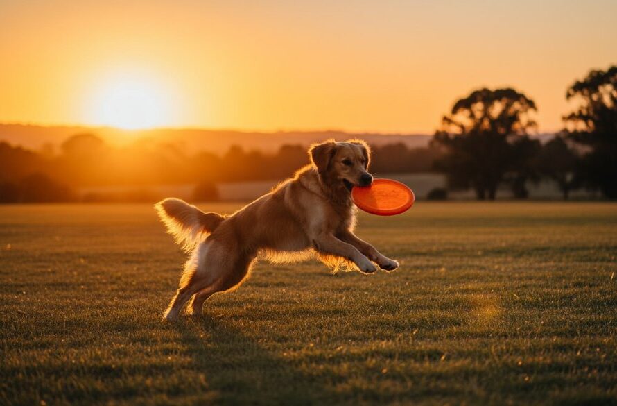 A golden retriever mid-leap, tail wagging, playfully chasing a ball in a sun-drenched field near Herne Hill, Victoria, perfectly embodying Herne Hill pet photography joyful outdoor adventures, professionally captured with dramatic backlighting.