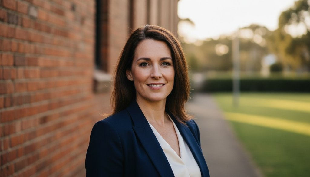 A striking Herne Hill professional headshot for career growth Victoria, featuring a confident subject bathed in warm, dramatic natural light from a window, captured in a dynamic, cinematic style with a shallow depth of field, conveying approachability and strength against a subtly blurred urban backdrop.