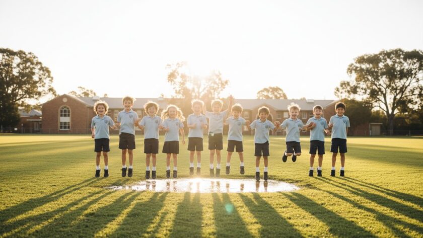 An epic moment of Herne Hill school photography capturing genuine student joy, showing a group of primary school children laughing and high-fiving in a sun-drenched playground at Herne Hill Primary School, framed by towering eucalyptus trees with dramatic lens flare and warm, golden hour lighting.
