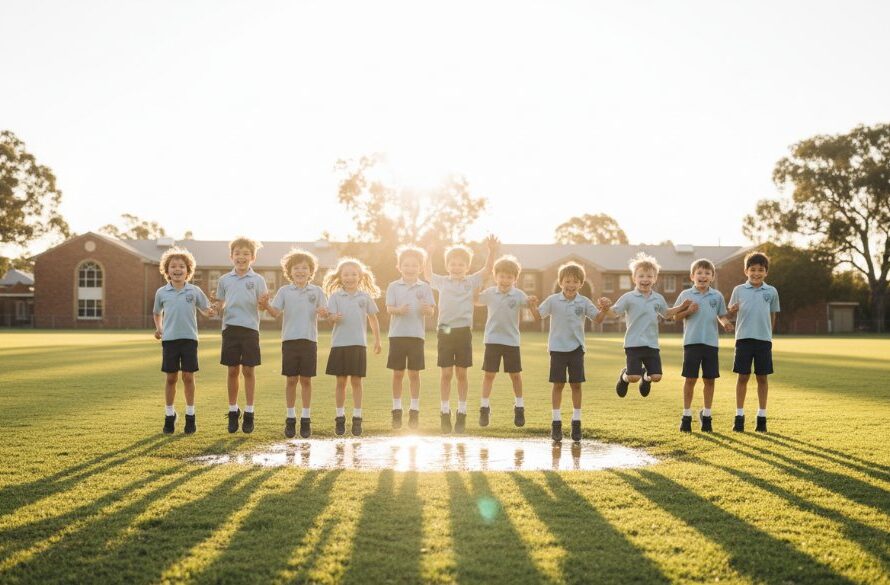 An epic moment of Herne Hill school photography capturing genuine student joy, showing a group of primary school children laughing and high-fiving in a sun-drenched playground at Herne Hill Primary School, framed by towering eucalyptus trees with dramatic lens flare and warm, golden hour lighting.
