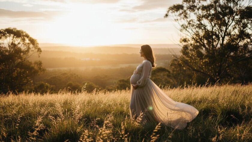 A glowing expectant mother in a flowing gown, silhouetted by the golden hour sun during her Herne Hill serene outdoor maternity photography sessions, standing amidst lush greenery, capturing an epic moment of quiet anticipation and beauty, with dramatic backlighting and professional colour grading.