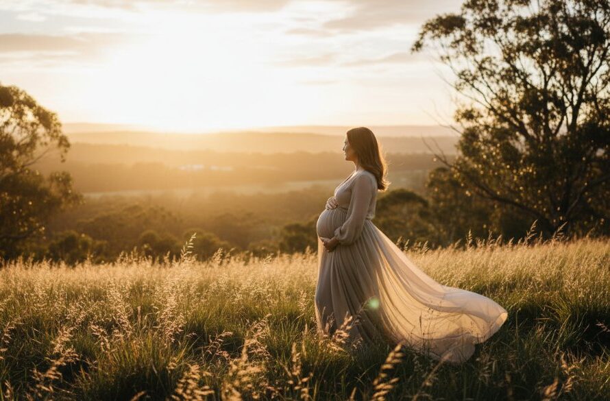 A glowing expectant mother in a flowing gown, silhouetted by the golden hour sun during her Herne Hill serene outdoor maternity photography sessions, standing amidst lush greenery, capturing an epic moment of quiet anticipation and beauty, with dramatic backlighting and professional colour grading.