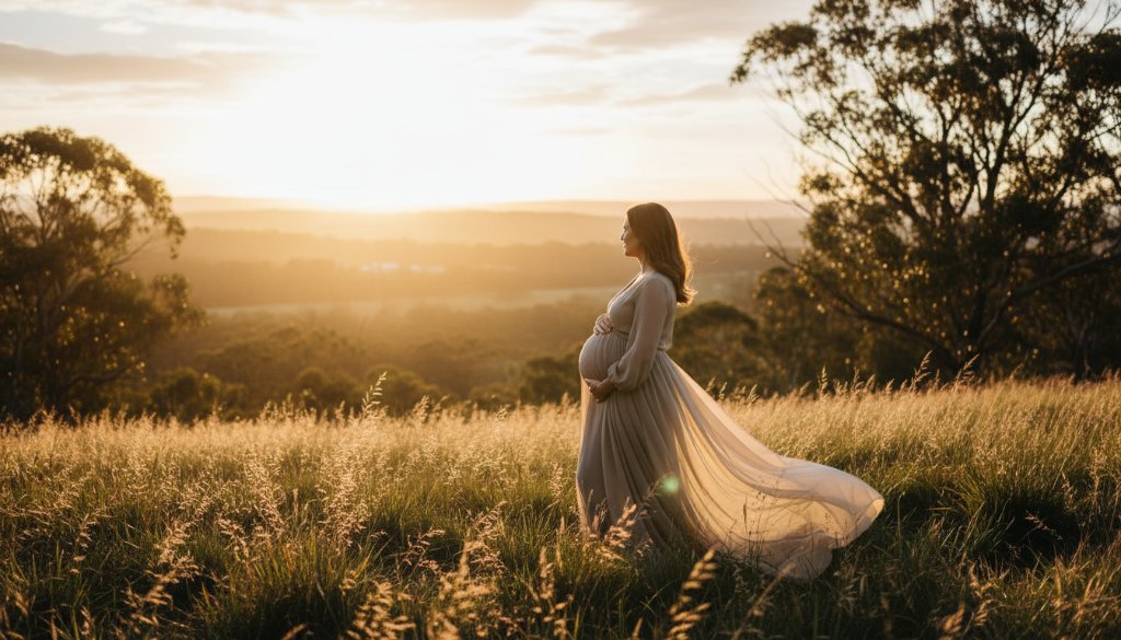 A glowing expectant mother in a flowing gown, silhouetted by the golden hour sun during her Herne Hill serene outdoor maternity photography sessions, standing amidst lush greenery, capturing an epic moment of quiet anticipation and beauty, with dramatic backlighting and professional colour grading.