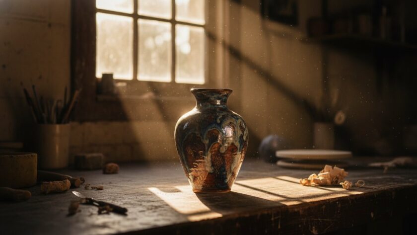 An artisan's beautifully crafted ceramic mug, glowing dramatically under soft studio lighting, showcasing intricate details and textures, representing high-quality Herne Hill Victoria product photography for a small business boost.