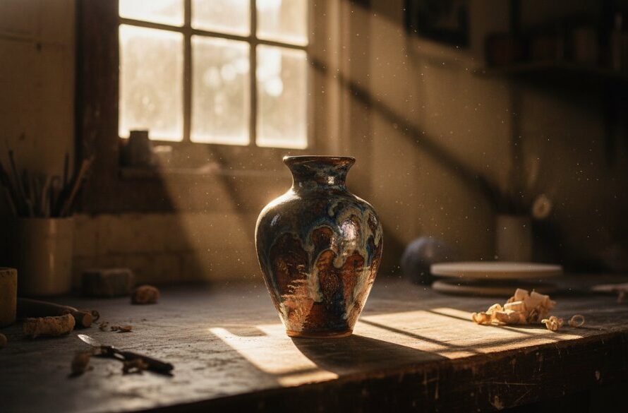 An artisan's beautifully crafted ceramic mug, glowing dramatically under soft studio lighting, showcasing intricate details and textures, representing high-quality Herne Hill Victoria product photography for a small business boost.