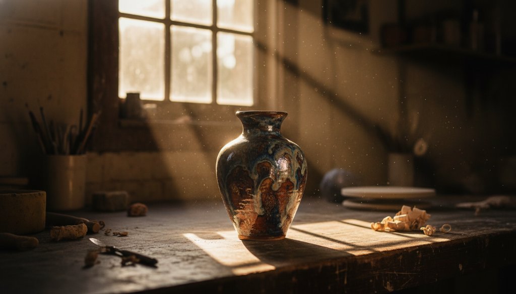 An artisan's beautifully crafted ceramic mug, glowing dramatically under soft studio lighting, showcasing intricate details and textures, representing high-quality Herne Hill Victoria product photography for a small business boost.