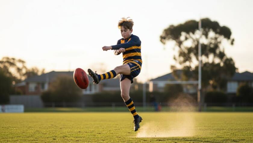 High-energy youth sports photography Oakleigh East: A young athlete in mid-air, making an epic play during a football match at sunset, with dramatic lighting.