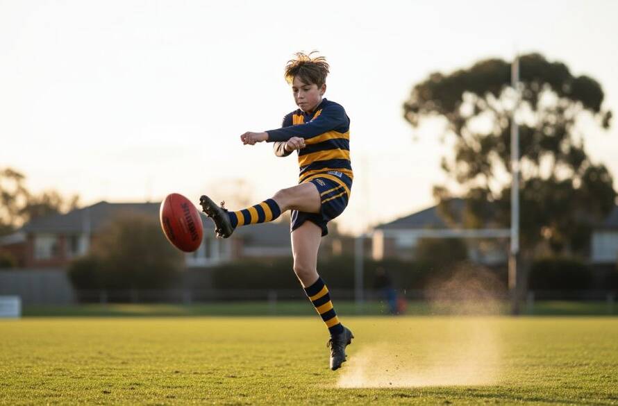 High-energy youth sports photography Oakleigh East: A young athlete in mid-air, making an epic play during a football match at sunset, with dramatic lighting.