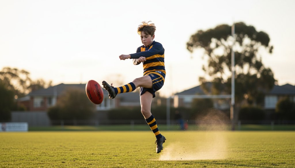 High-energy youth sports photography Oakleigh East: A young athlete in mid-air, making an epic play during a football match at sunset, with dramatic lighting.