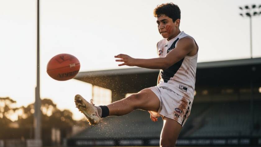 A dramatic, low-angle photograph capturing a young athlete mid-air, scoring a goal during a high-impact junior sports photography session in Keilor East, with the golden hour sun flaring behind them, showcasing intense focus and athletic power, professionally colour graded.
