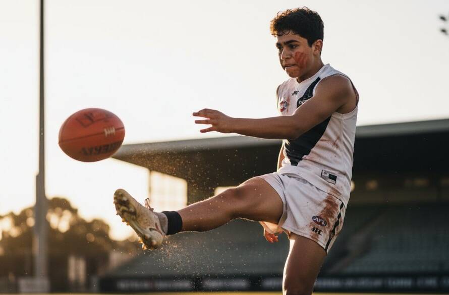 A dramatic, low-angle photograph capturing a young athlete mid-air, scoring a goal during a high-impact junior sports photography session in Keilor East, with the golden hour sun flaring behind them, showcasing intense focus and athletic power, professionally colour graded.