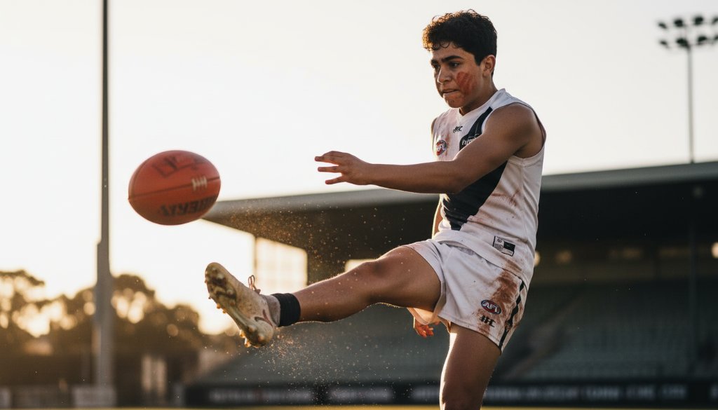 A dramatic, low-angle photograph capturing a young athlete mid-air, scoring a goal during a high-impact junior sports photography session in Keilor East, with the golden hour sun flaring behind them, showcasing intense focus and athletic power, professionally colour graded.