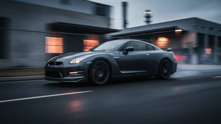 A high-octane car photography Derrimut industrial backdrop shot of a sleek, dark sports car speeding through a dramatically lit industrial area at dusk, with smoke trailing from its tires and sparks flying, showcasing an epic moment of raw power and speed.