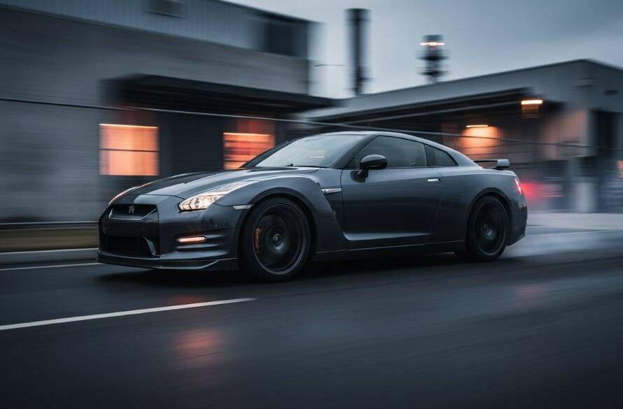 A high-octane car photography Derrimut industrial backdrop shot of a sleek, dark sports car speeding through a dramatically lit industrial area at dusk, with smoke trailing from its tires and sparks flying, showcasing an epic moment of raw power and speed.