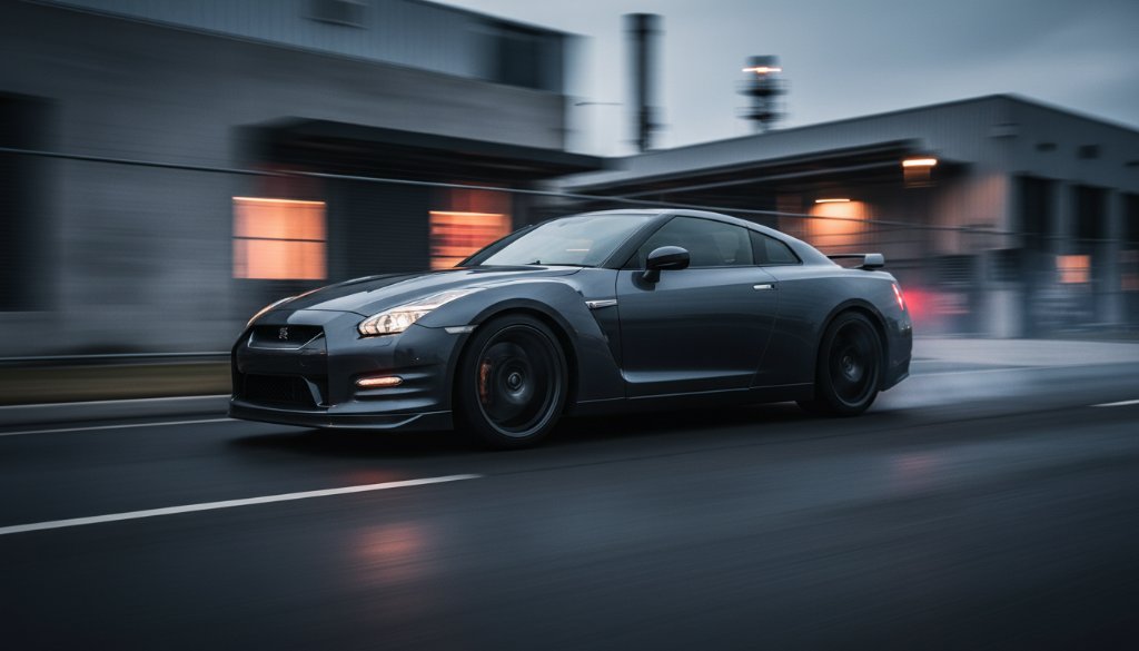 A high-octane car photography Derrimut industrial backdrop shot of a sleek, dark sports car speeding through a dramatically lit industrial area at dusk, with smoke trailing from its tires and sparks flying, showcasing an epic moment of raw power and speed.