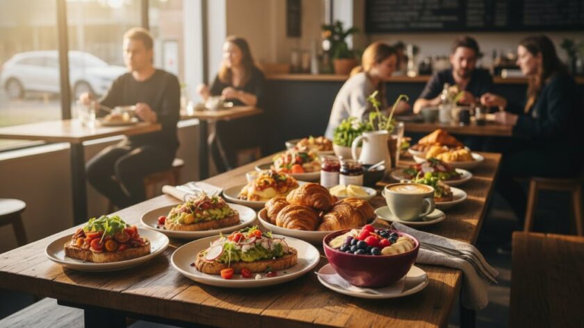 Dramatic wide-angle shot of a beautifully styled Highton artisan cafe food photography scene, featuring a vibrant brunch spread with locally sourced ingredients bathed in golden morning light, highlighting fresh pastries, colourful fruit, and a steaming coffee on a rustic wooden table in a sunlit Highton cafe.