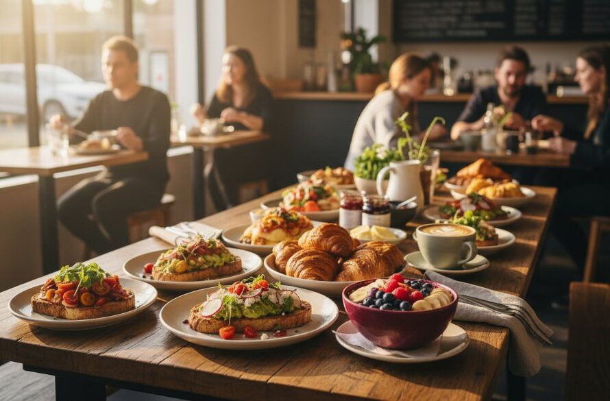 Dramatic wide-angle shot of a beautifully styled Highton artisan cafe food photography scene, featuring a vibrant brunch spread with locally sourced ingredients bathed in golden morning light, highlighting fresh pastries, colourful fruit, and a steaming coffee on a rustic wooden table in a sunlit Highton cafe.