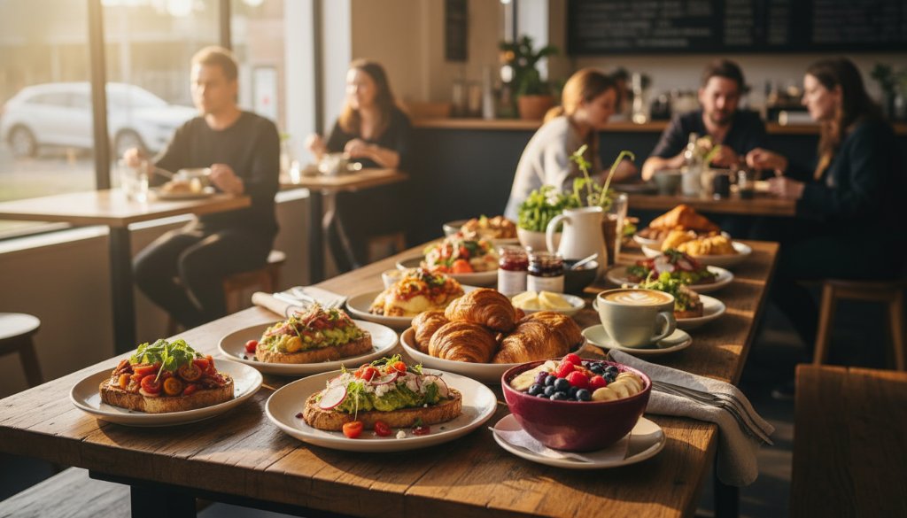 Dramatic wide-angle shot of a beautifully styled Highton artisan cafe food photography scene, featuring a vibrant brunch spread with locally sourced ingredients bathed in golden morning light, highlighting fresh pastries, colourful fruit, and a steaming coffee on a rustic wooden table in a sunlit Highton cafe.