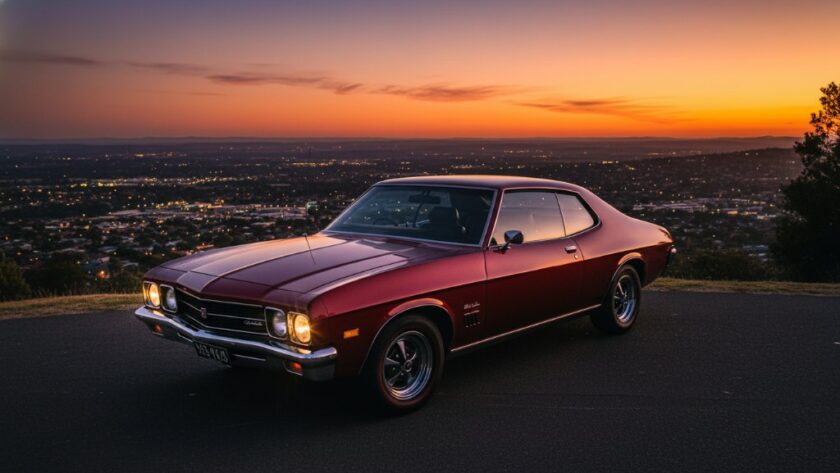 A cinematic shot of a gleaming vintage muscle car, possibly a Holden Monaro, parked at a scenic lookout in Highton, Victoria, silhouetted against a dramatic, fiery sunset, embodying Highton bespoke automotive photography with an 'epic moment' feel.