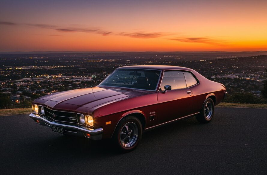 A cinematic shot of a gleaming vintage muscle car, possibly a Holden Monaro, parked at a scenic lookout in Highton, Victoria, silhouetted against a dramatic, fiery sunset, embodying Highton bespoke automotive photography with an 'epic moment' feel.