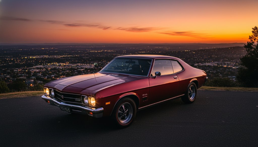 A cinematic shot of a gleaming vintage muscle car, possibly a Holden Monaro, parked at a scenic lookout in Highton, Victoria, silhouetted against a dramatic, fiery sunset, embodying Highton bespoke automotive photography with an 'epic moment' feel.