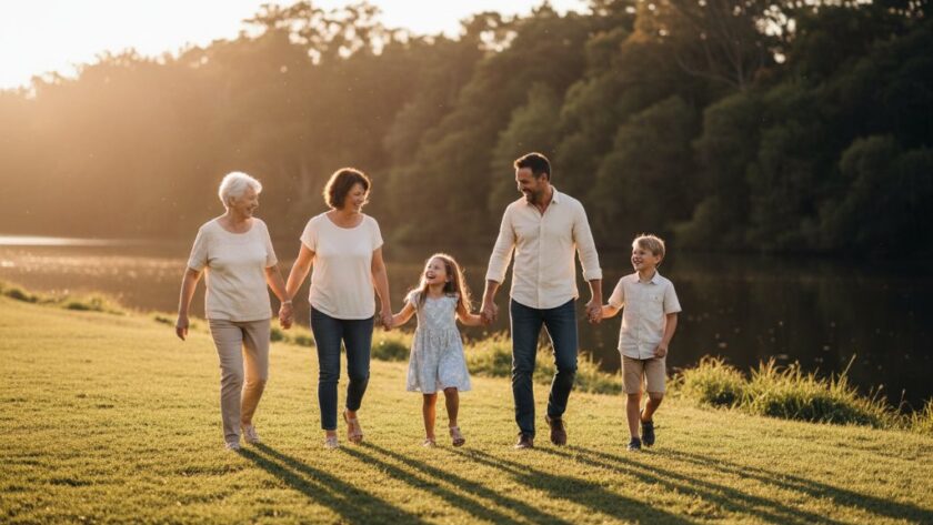 A heartwarming Highton family photography capturing authentic moments, featuring parents playfully swinging their child at sunset in a beautiful Highton park, bathed in golden hour light, evoking joy and connection.