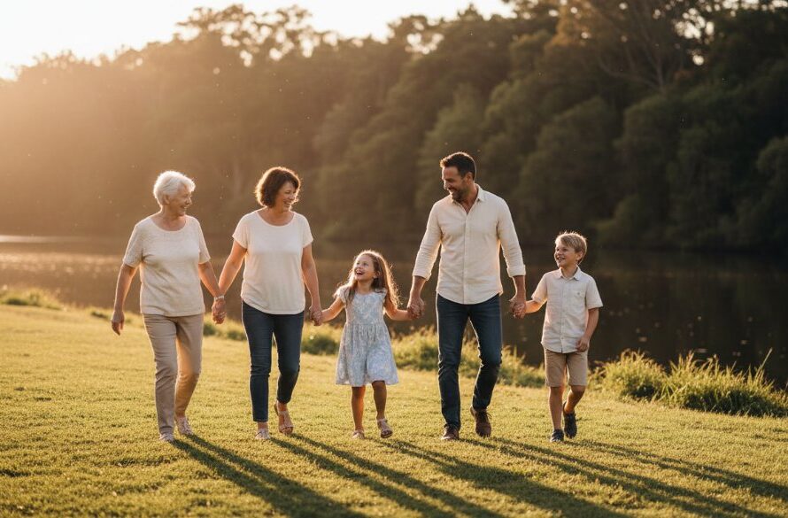 A heartwarming Highton family photography capturing authentic moments, featuring parents playfully swinging their child at sunset in a beautiful Highton park, bathed in golden hour light, evoking joy and connection.