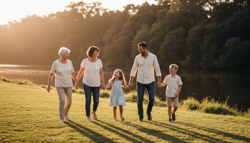 A heartwarming Highton family photography capturing authentic moments, featuring parents playfully swinging their child at sunset in a beautiful Highton park, bathed in golden hour light, evoking joy and connection.