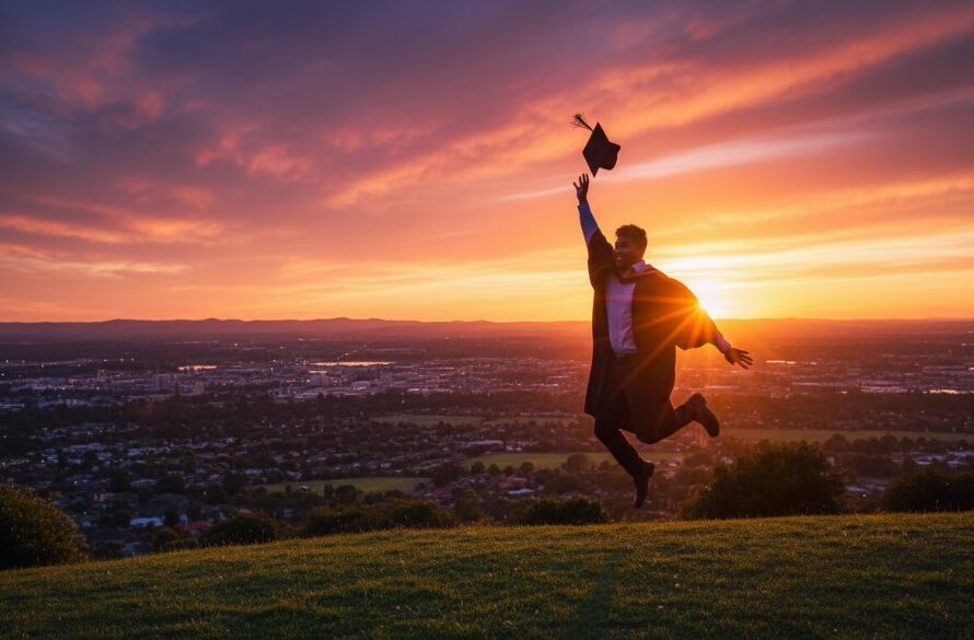 An epic, sun-drenched Highton graduation photography scene capturing a proud graduate from Geelong University tossing their cap high against a dramatic Victorian sky at sunset, silhouetted with vibrant, celebratory energy and professional colour grading.