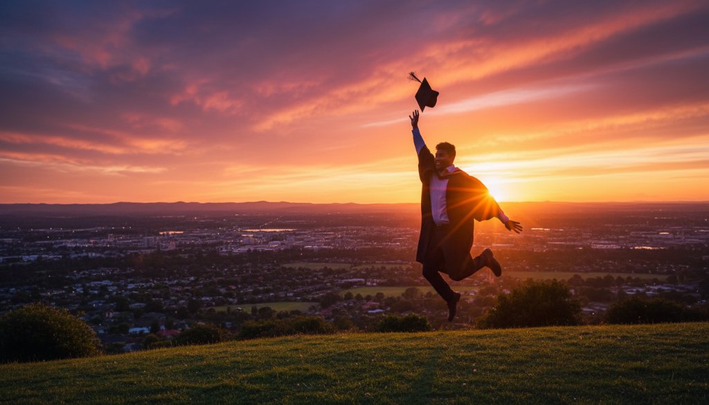 An epic, sun-drenched Highton graduation photography scene capturing a proud graduate from Geelong University tossing their cap high against a dramatic Victorian sky at sunset, silhouetted with vibrant, celebratory energy and professional colour grading.