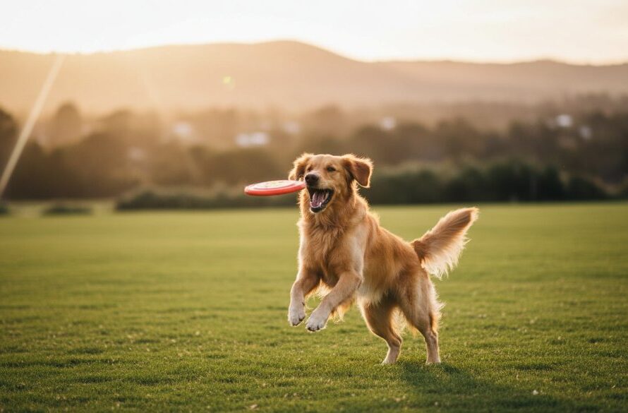 A majestic golden retriever leaping gracefully mid-air, catching a frisbee in a sun-drenched Highton park, bathed in golden hour light, showcasing Highton pet photography playful outdoor portraits Victoria.