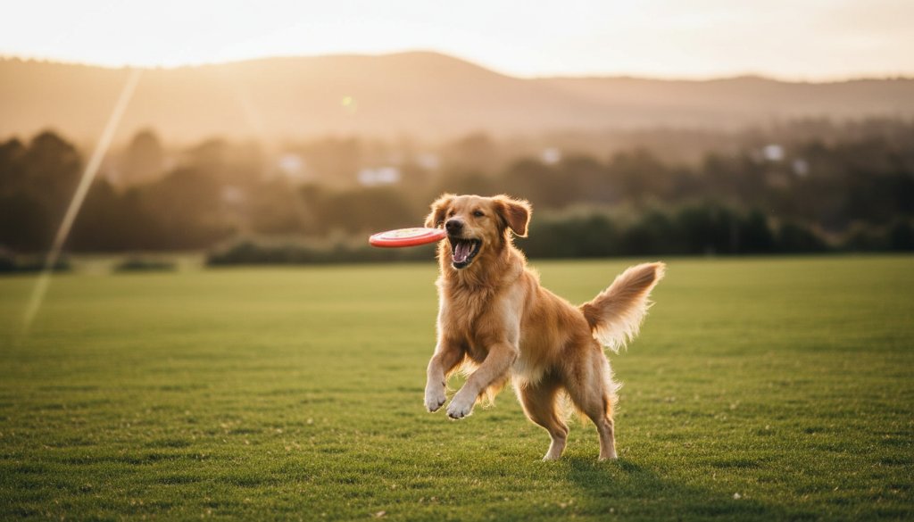 A majestic golden retriever leaping gracefully mid-air, catching a frisbee in a sun-drenched Highton park, bathed in golden hour light, showcasing Highton pet photography playful outdoor portraits Victoria.