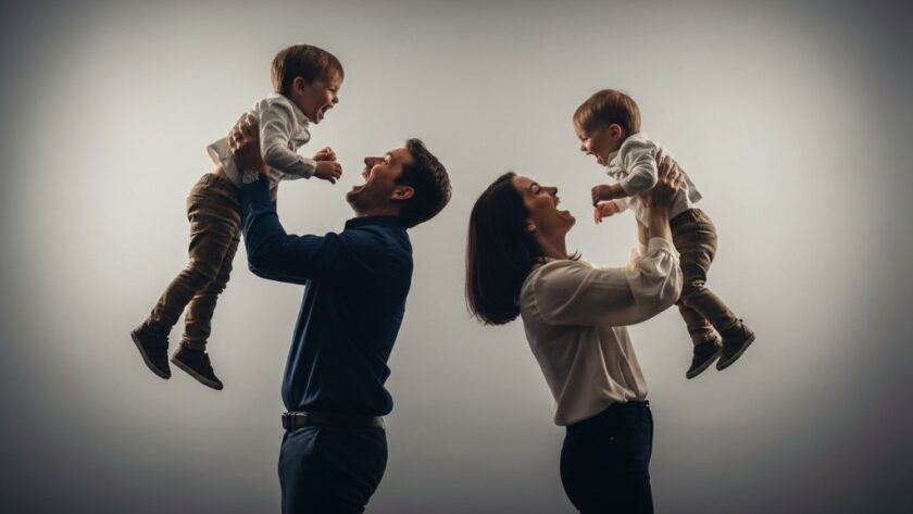 An 'epic moment' style professional studio portrait of a laughing family of four in Highton, capturing their genuine connection with soft, dramatic lighting, reflecting Highton professional studio photography for memorable family portraits.