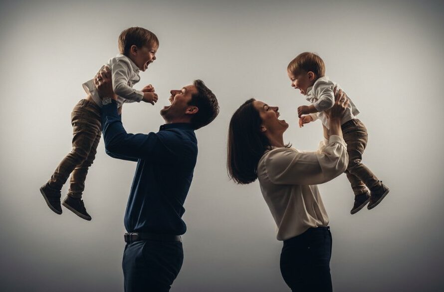 An 'epic moment' style professional studio portrait of a laughing family of four in Highton, capturing their genuine connection with soft, dramatic lighting, reflecting Highton professional studio photography for memorable family portraits.