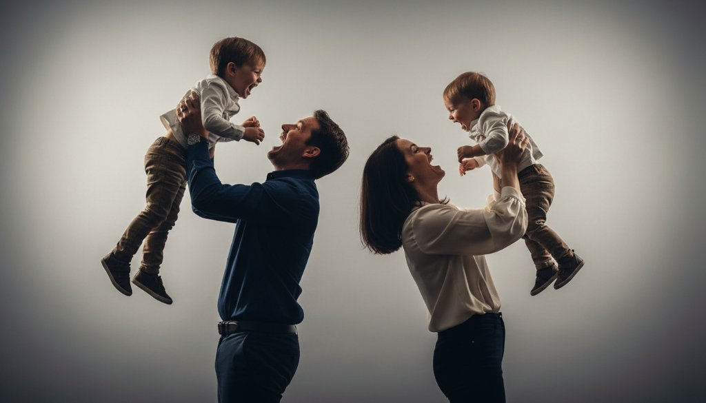 An 'epic moment' style professional studio portrait of a laughing family of four in Highton, capturing their genuine connection with soft, dramatic lighting, reflecting Highton professional studio photography for memorable family portraits.