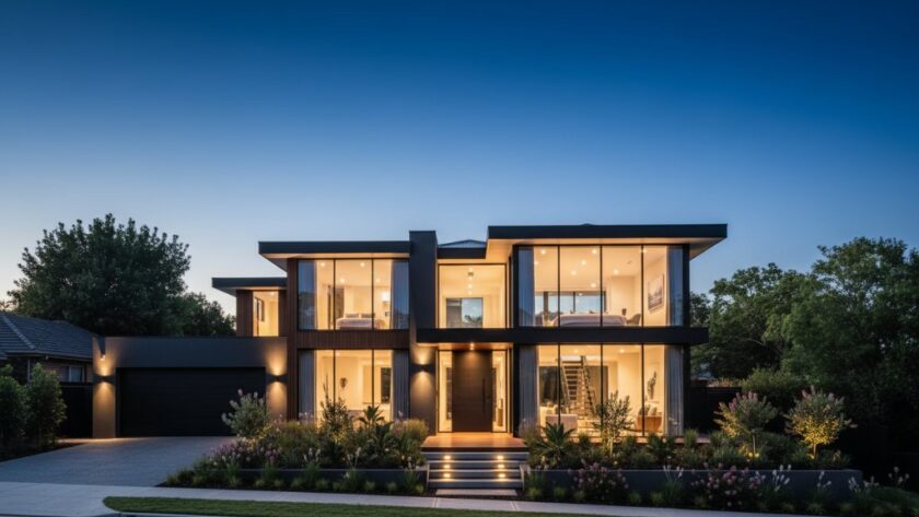 A stunning, wide-angle cinematic shot of a modern Highton family home at twilight, showcasing its illuminated interior and manicured garden with a 'Highton property photography for premium sales results' focus. The warm glow from inside contrasts with the deep blue sky, creating a luxurious and inviting atmosphere.